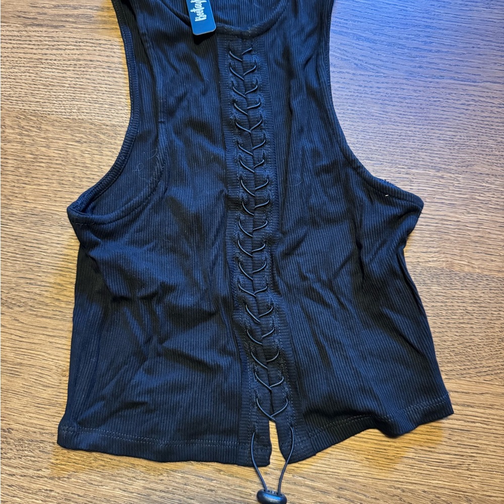 Bootaybag Black Ruched Tie Front Sleeveless Tank Top